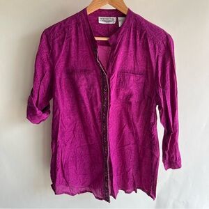 New Direction Petite Button Up Blouse Sz Petite Large Embellished Roll Tab EUC